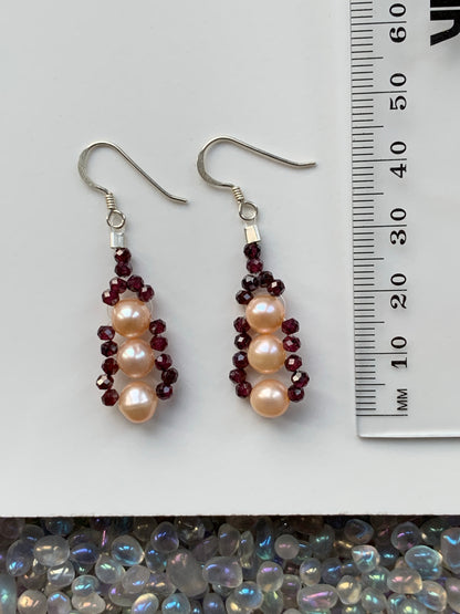 Rhodolite Garnet & Pearl Crystal Gemstone 925 Floating Weave Earrings