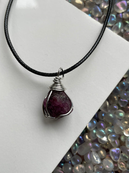Ruby Rough Gemstone Crystal Wire Wrap Silver Necklace