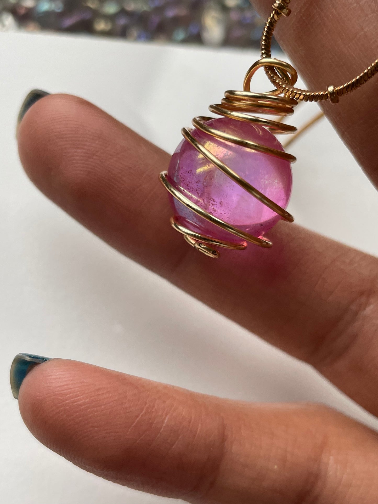 Rose Pink Aura Rainbow Quartz Crystal Ball Gold Cage Necklace