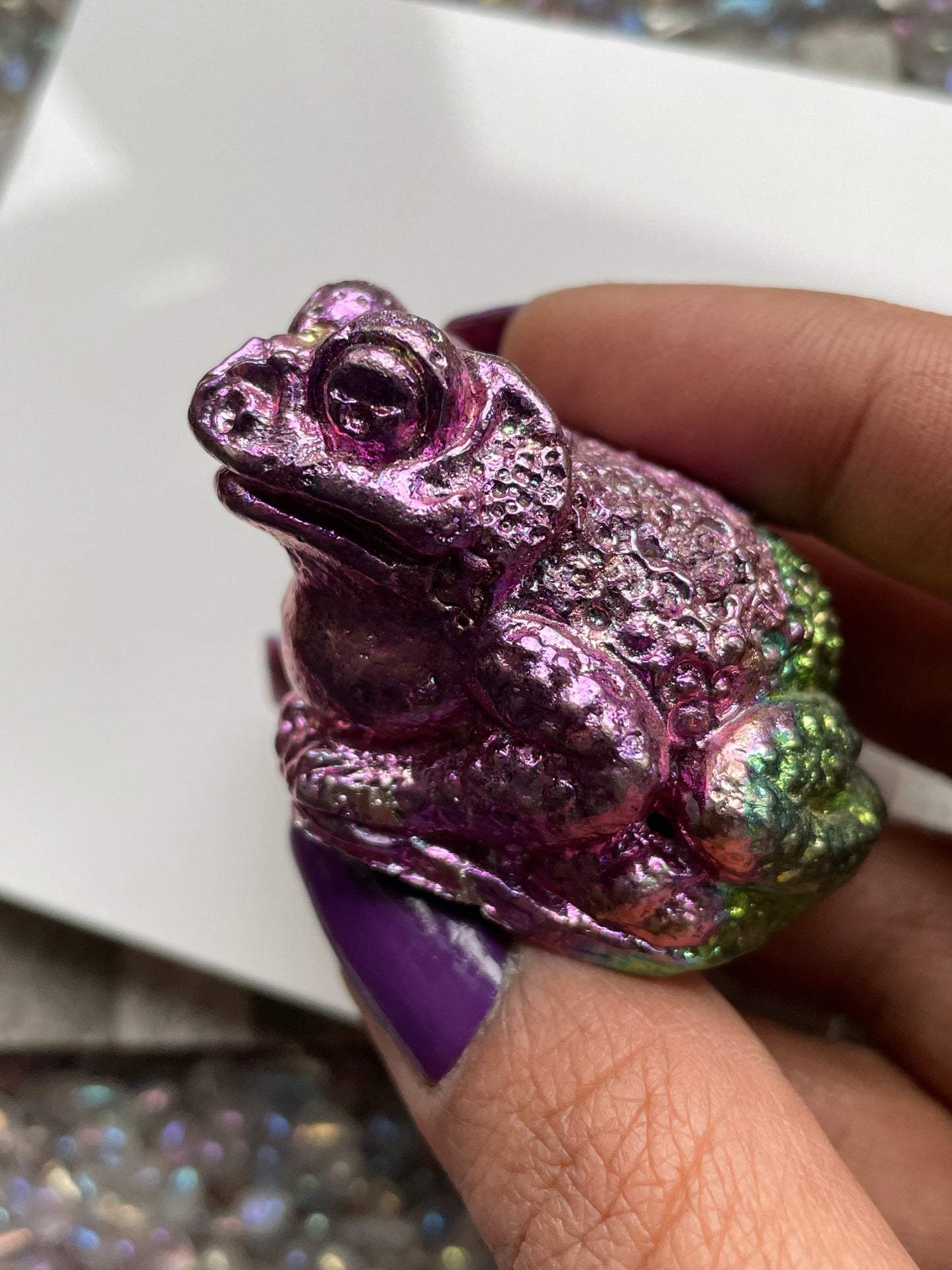 Watermelon Pink Green Bismuth Crystal Small Toad Metal Art Sculpture