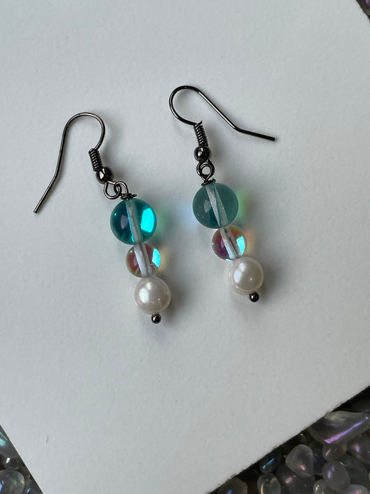 Aqua Angel Aura Quartz & Pearl Crystal Gemstone Earrings