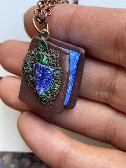 Blue Lapis Lazuli & Diopside Crystal Gemstone Enchanted Book Necklace