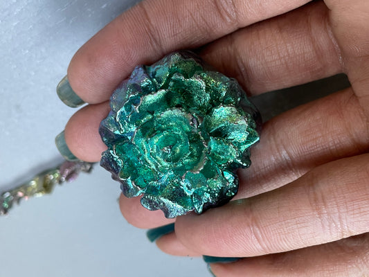 Teal Blue Bismuth Crystal Small Rose Flower Metal Art Sculpture