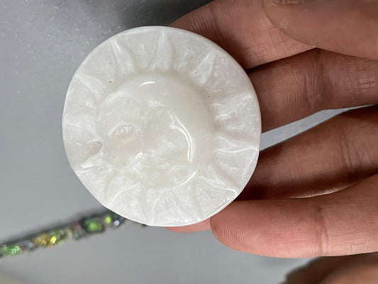White Quartz Crystal Gemstone Sun Moon Disc Carving