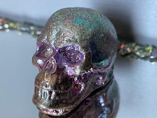 Blue Pink Bismuth Crystal Small Skull Metal Art Sculpture