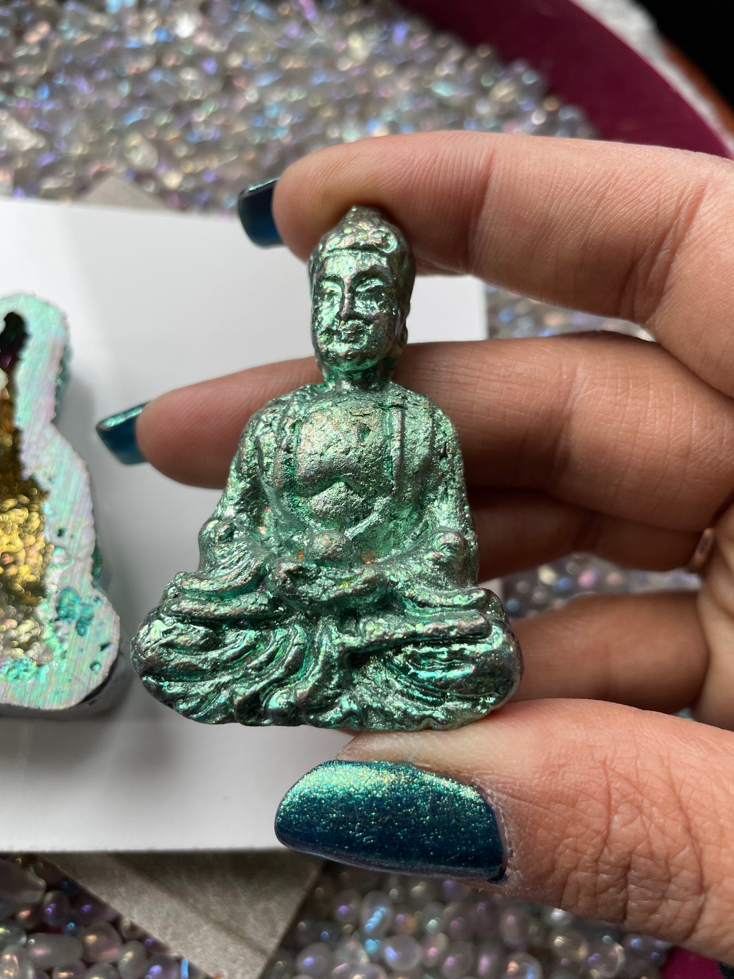 Blue Teal Bismuth Crystal Tibetan Buddha Metal Art Sculpture