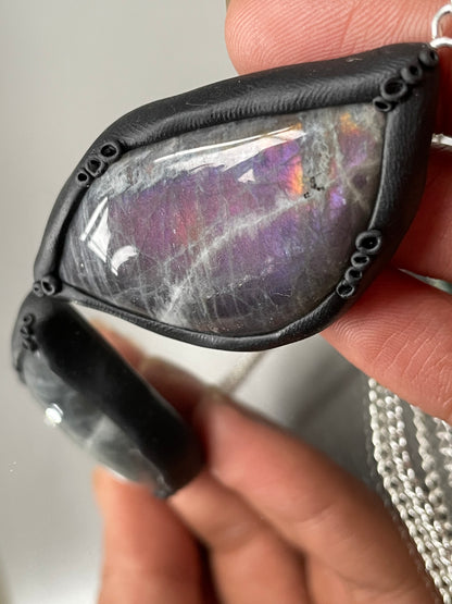 Ursula Black Clay - Purple Orange Labradorite Crystal Gemstone Pendant Necklace