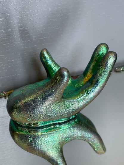 Blue Teal Bismuth Crystal Hand Sphere Holder - Metal Art Sculpture