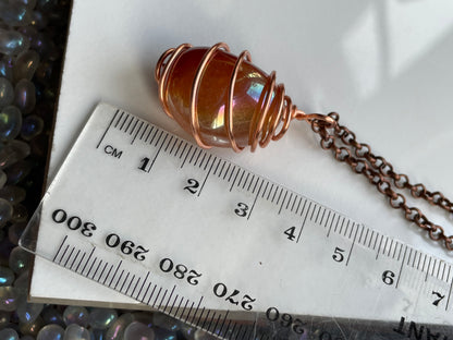 Tangerine Aura Quartz Gemstone Crystal Spiral Copper Wire Necklace