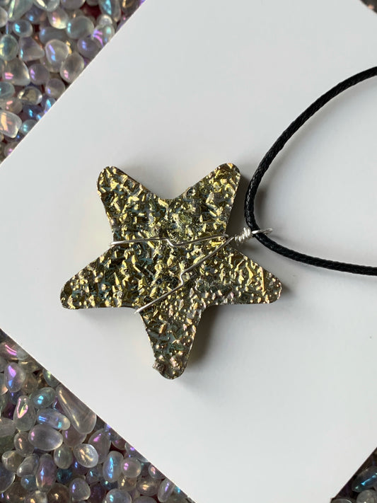 Gold Bismuth Star Crystal Cut Out Metal Art Cord Necklace