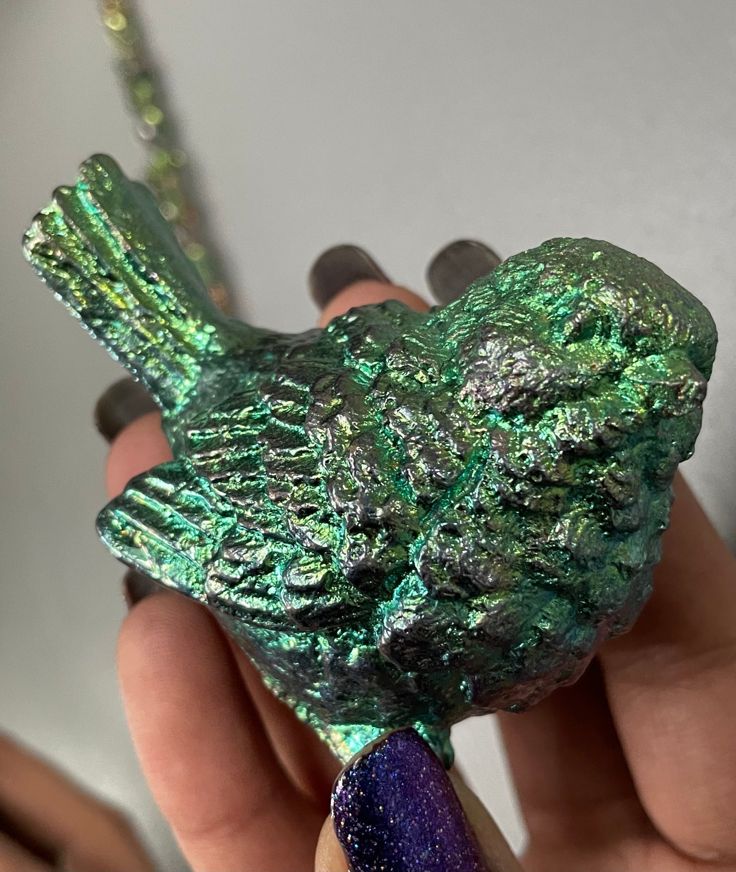Green Teal Bismuth Crystal Wren Song Bird Metal Art Sculpture