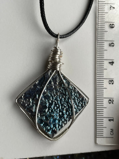 Blue Bismuth Square Crystal Cut Out Metal Art Necklace