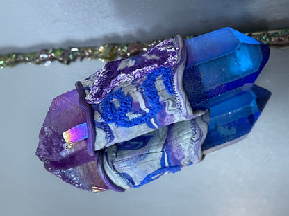 Purple & Blue Aura Quartz Crystal Gemstone Heart Swirl Clay Wand
