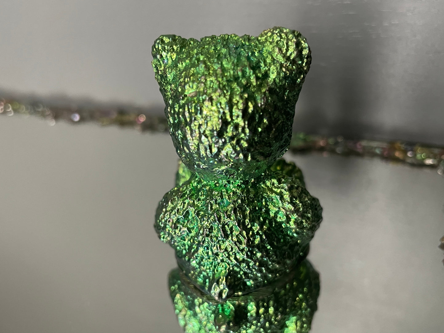 Green Bismuth Crystal Teddy Bear Metal Art Sculpture
