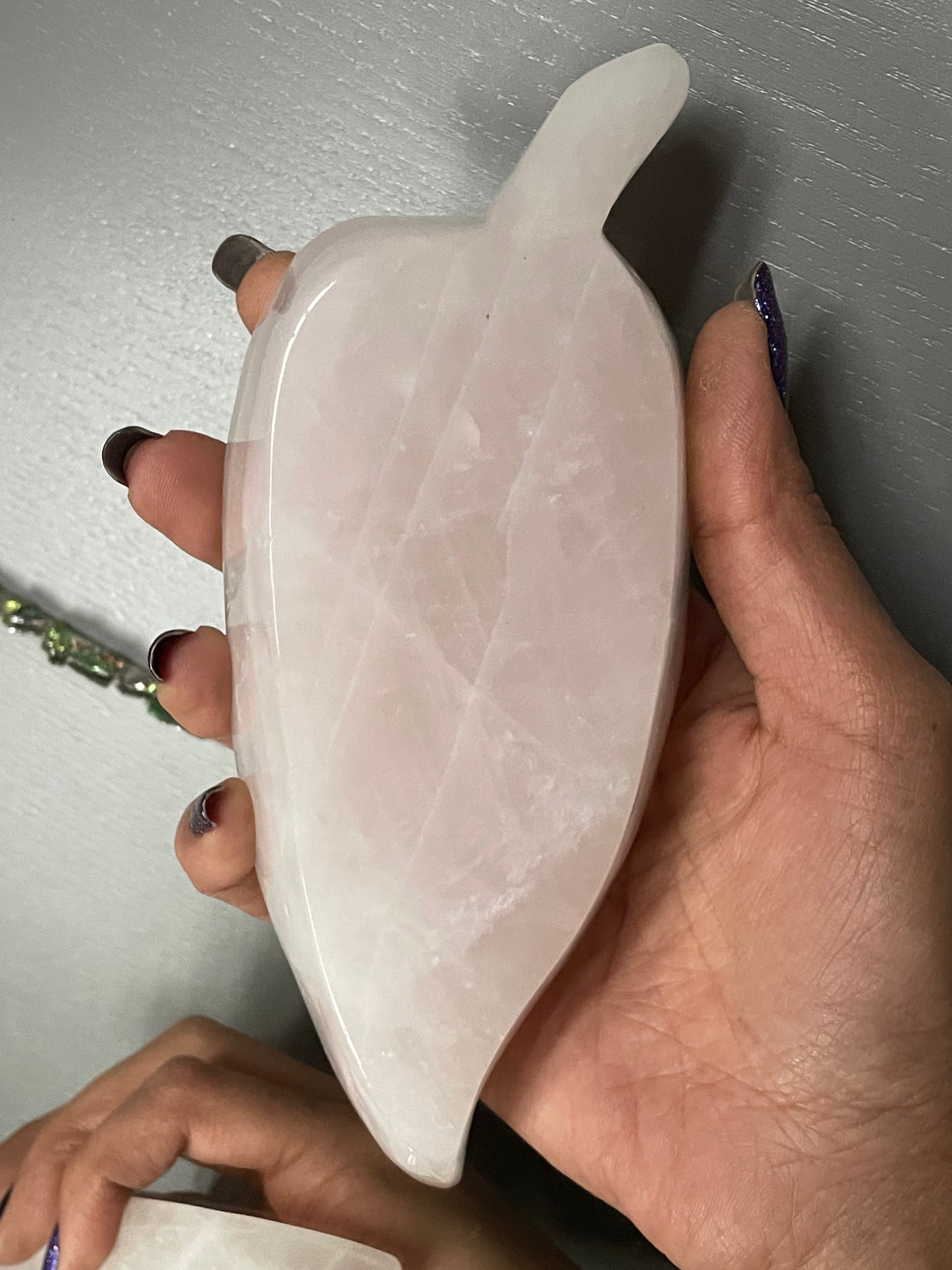 Rose Quartz Crystal Gemstone Ring Trinket Bowl Dish - Leaf