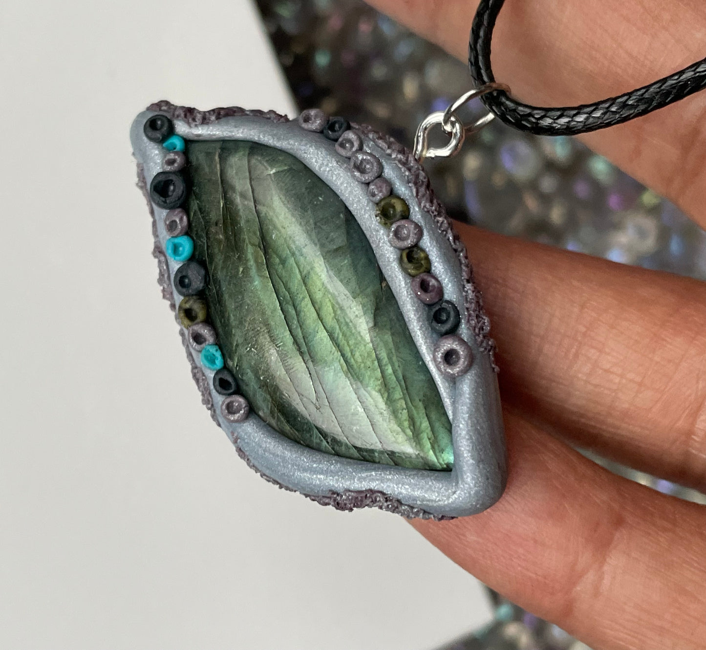 Ursula Grey Clay - Blue Labradorite Crystal Gemstone Pendant Necklace