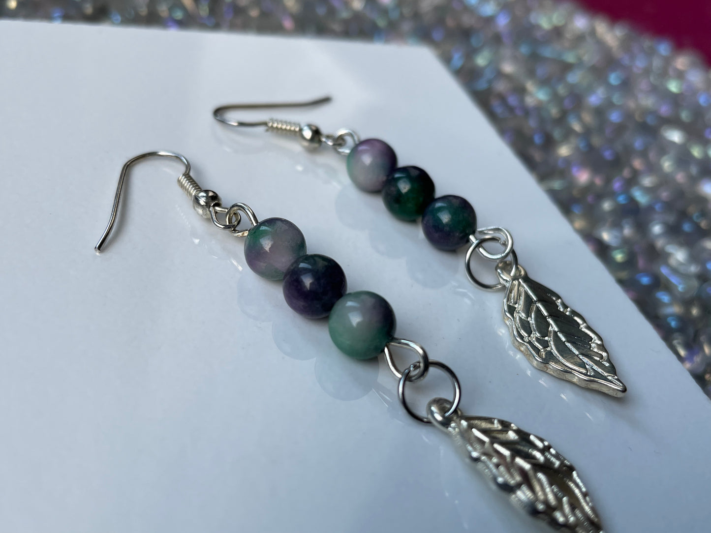 Green Purple Dyed Quartz Crystal Gemstone Leaf Silver Drop Earrings