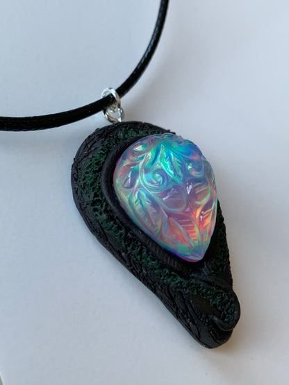 Carved Aurora Opal Doublet Crystal Gemstone - Enchanted Forest Necklace