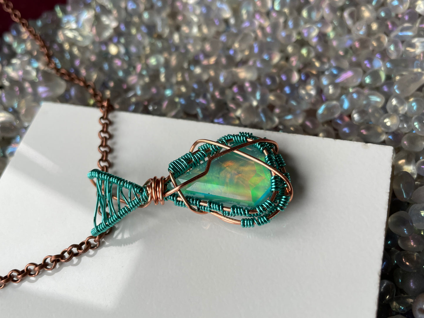 Kite Aurora Opal Doublet Crystal Gemstone Wirewrap Necklace