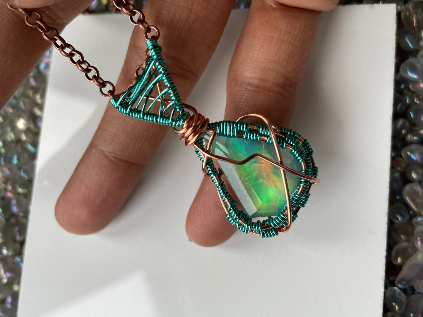 Kite Aurora Opal Doublet Crystal Gemstone Wirewrap Necklace
