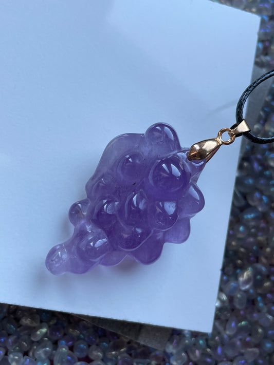 Amethyst Grape Carving Crystal Gemstone Pendant Necklace - Gold