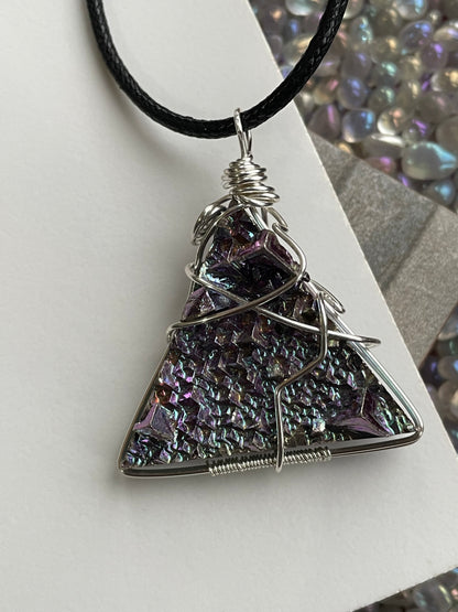 Purple Blue Bismuth Triangle Crystal Cut Out Metal Art Necklace