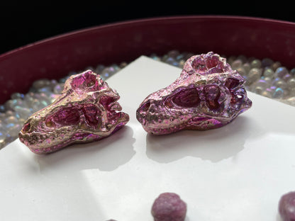 Pink Bismuth Crystal Small T. rex Skull Metal Art Sculpture