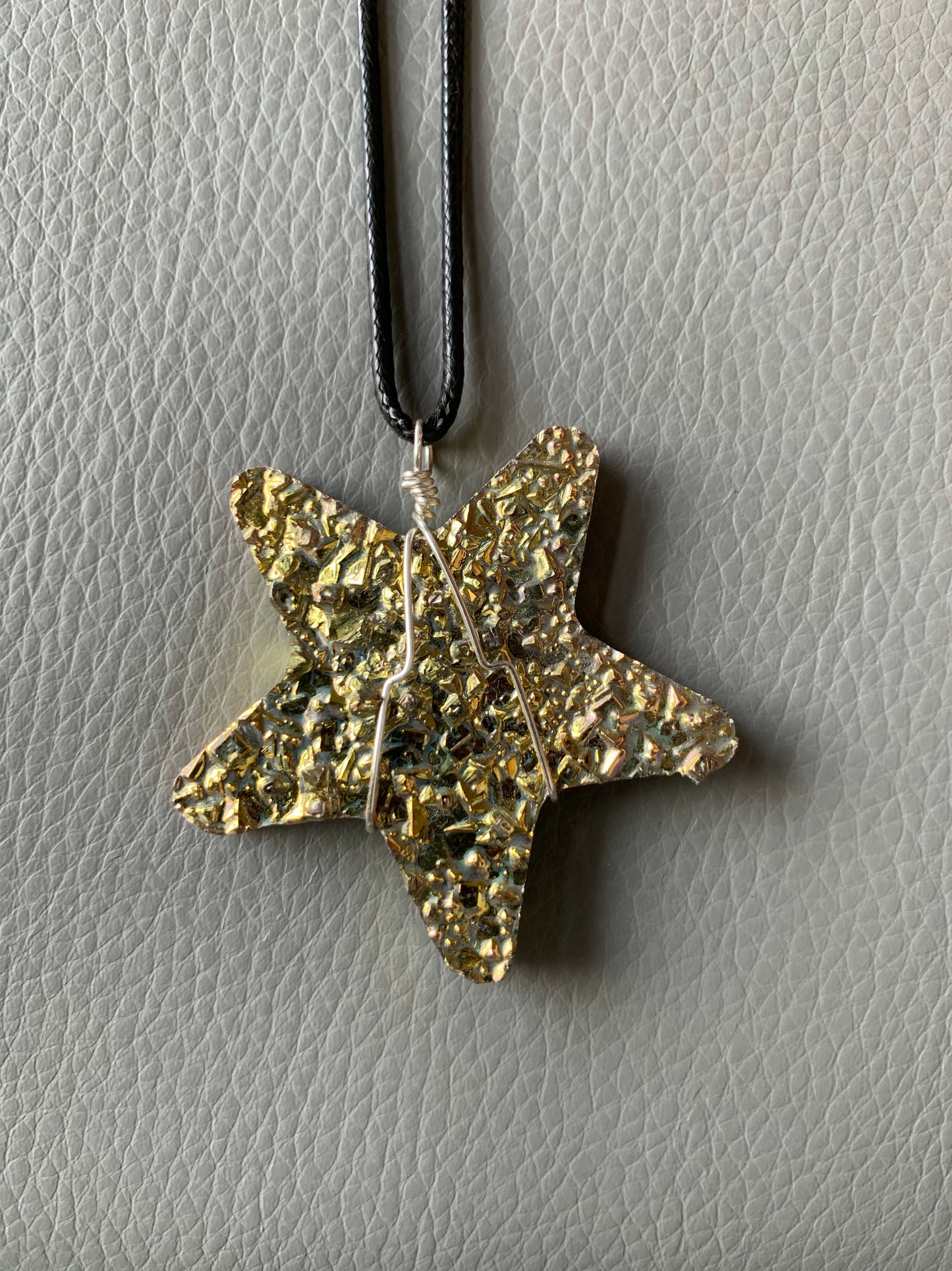 Gold Bismuth Star Crystal Cut Out Metal Art Cord Necklace