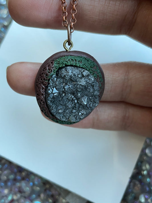 Black Aura Coated Druzy Quartz Gemstone Crystal Enchanted Forest Necklace