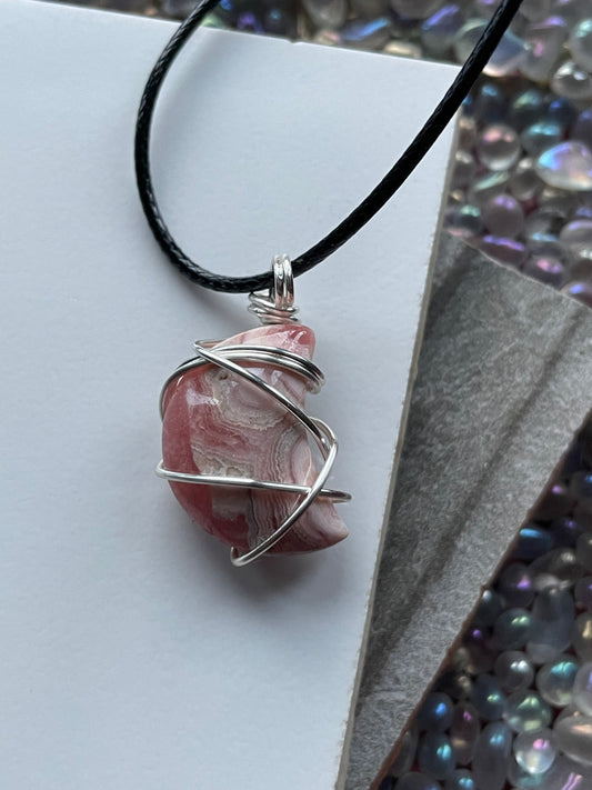 Rhodochrosite Moon Crystal Gemstone Wire Wrap Necklace