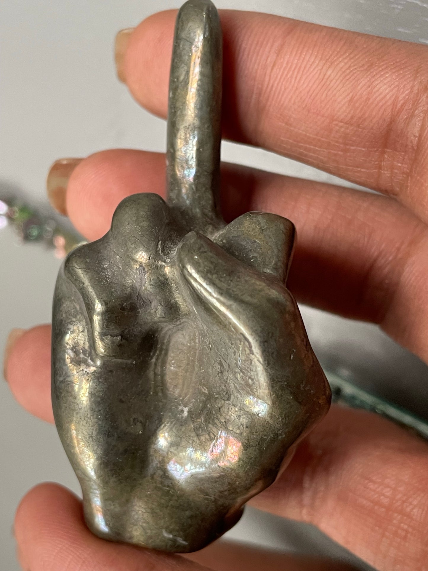 Pyrite Crystal Gemstone Middle Finger Carving - UV REACTIVE