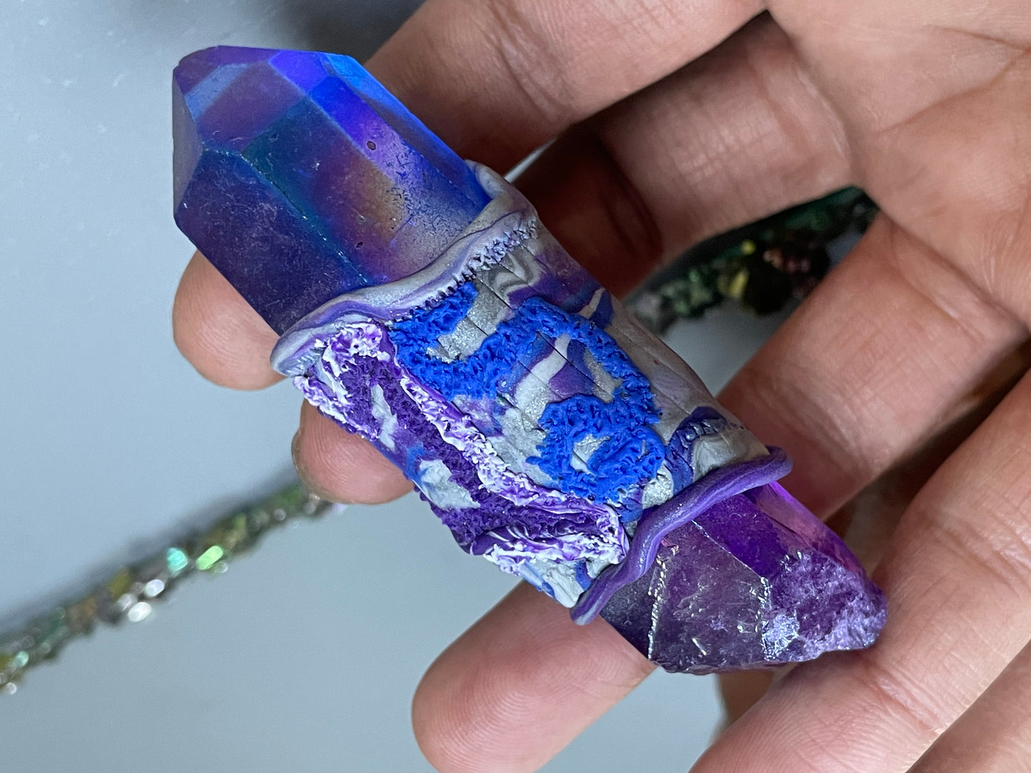 Purple & Blue Aura Quartz Crystal Gemstone Heart Swirl Clay Wand
