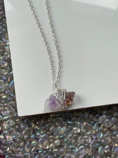Super Seven Cacoxenite Amethyst Crystal Gemstone Silver Necklace