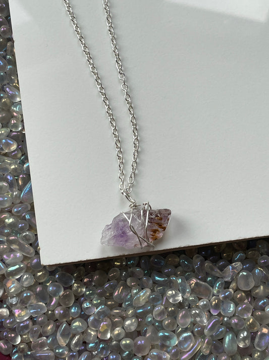 Super Seven Cacoxenite Amethyst Crystal Gemstone Silver Necklace