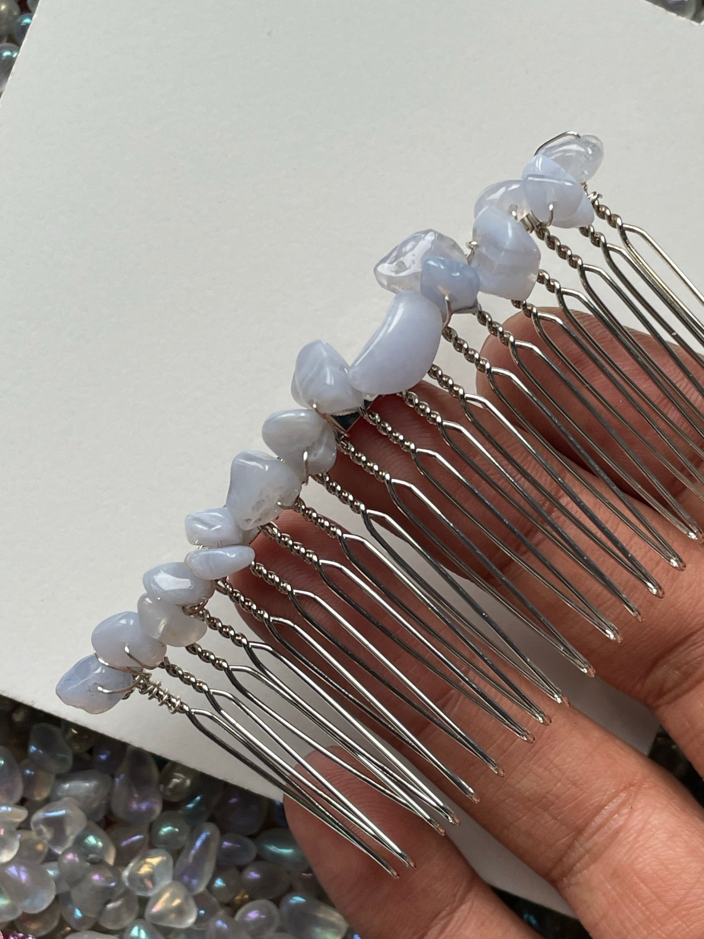 Blue Lace Agate Rough Crystal Gemstone Silver Hair Comb