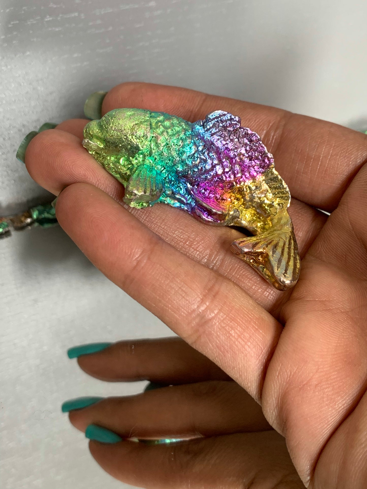 Rainbow Bismuth Crystal Small Kio Fish Metal Art Sculpture
