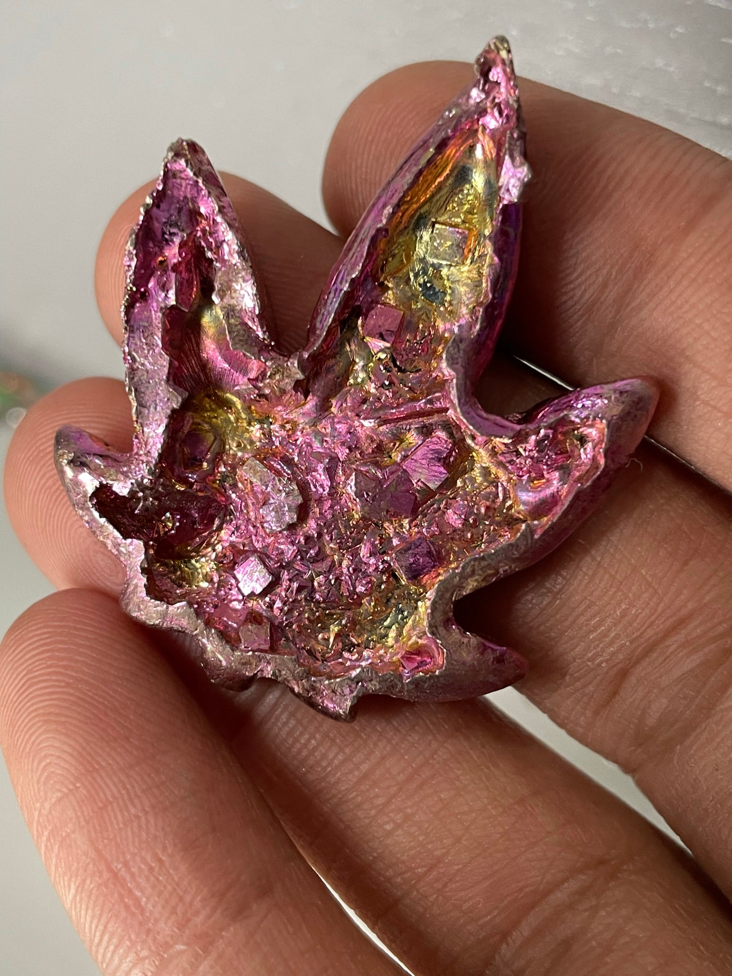 Pink Bismuth Crystal Pot Leaf Metal Art Sculpture