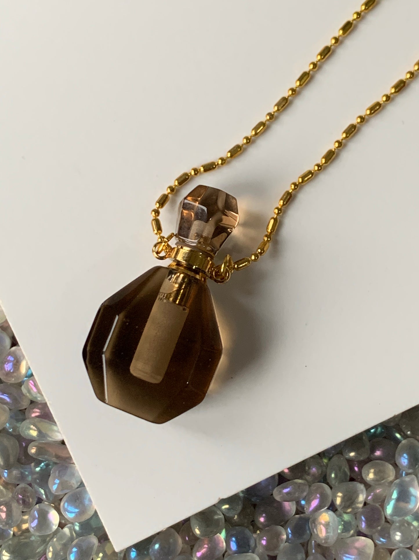 Smoky Quartz Crystal Gemstone Aromatherapy Perfume Bottle Pendant Necklace