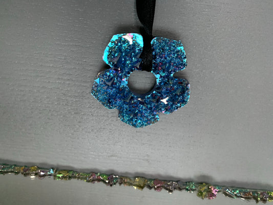 Blue Bismuth Crystal Oversized Hippie Flower Cut Out Wall Hanging