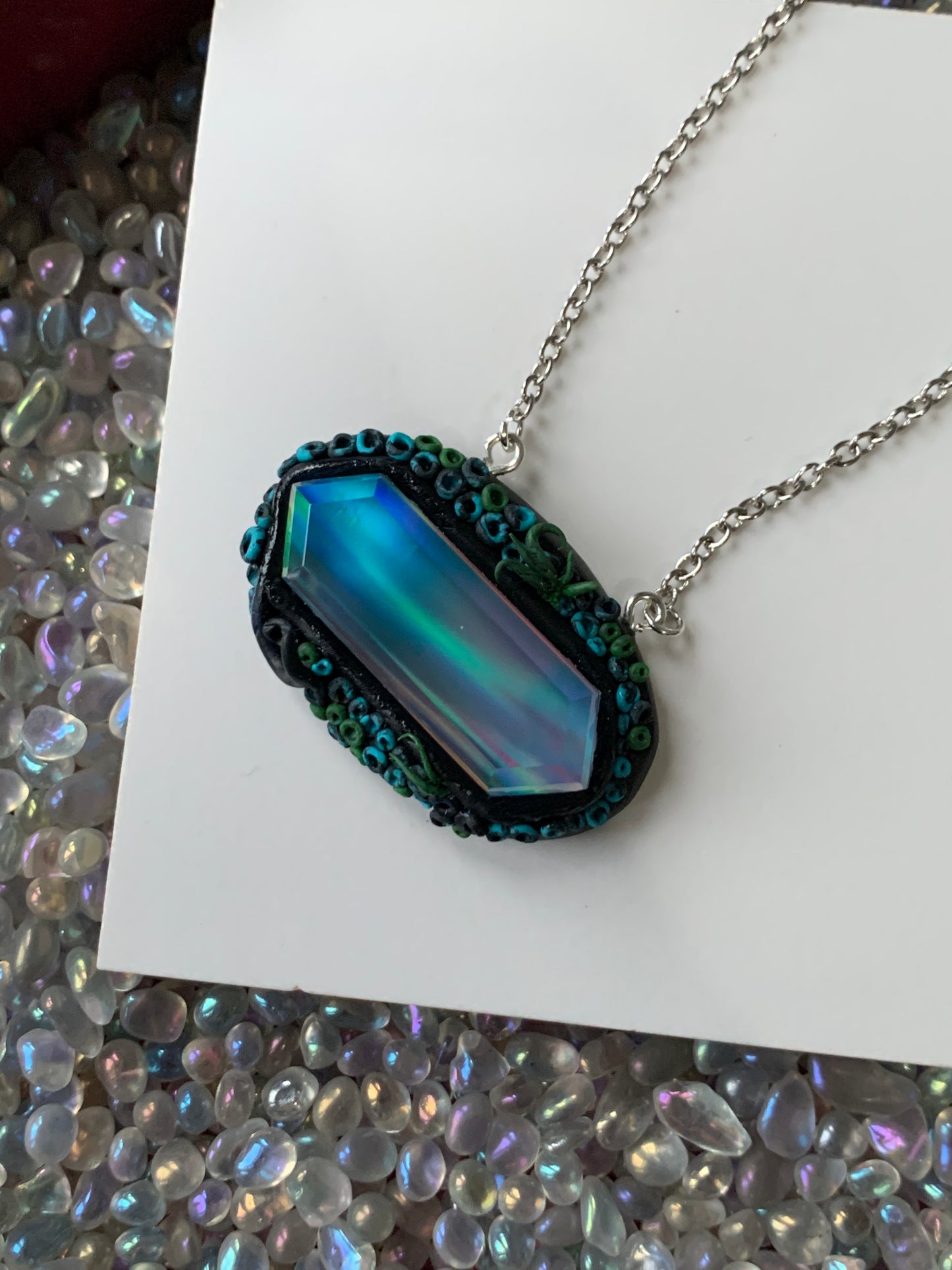 Elongated Aurora Opal Doublet Crystal Gemstone - Dark Coral Necklace
