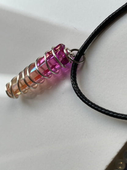 Champagne & Purple Aura Hybrid Quartz Crystal Gemstone - spiral necklace UV REACTIVE