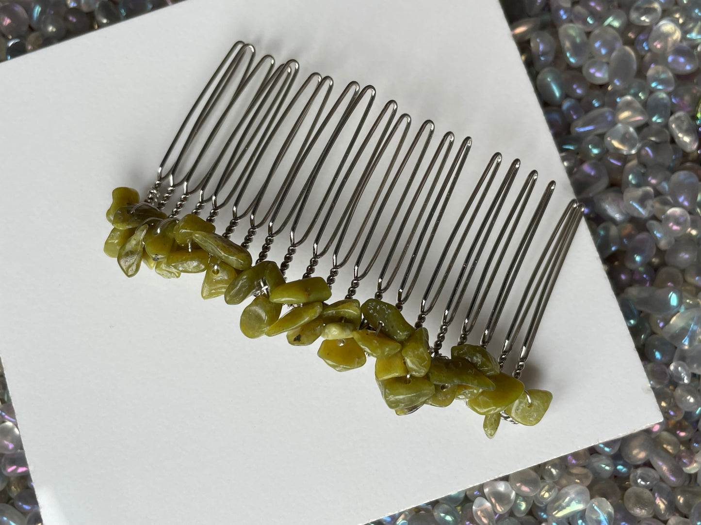 Jade Rough Crystal Gemstone Silver Hair Comb