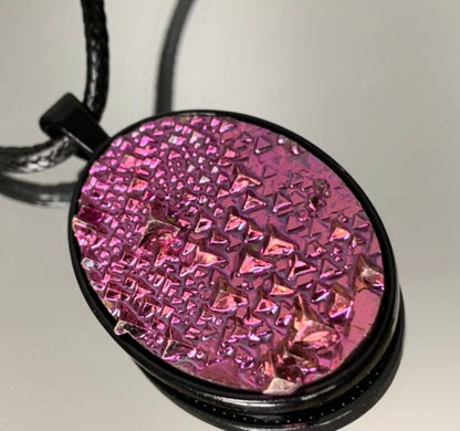 Pink Bismuth Crystal Metal Art Cord Necklace OVAL