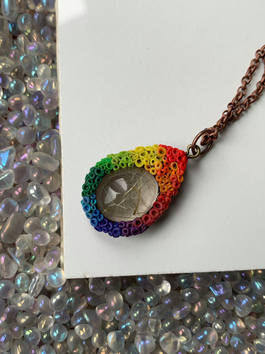Gold Rutile Quartz Crystal Gemstone - Rainbow Coral Clay Necklace