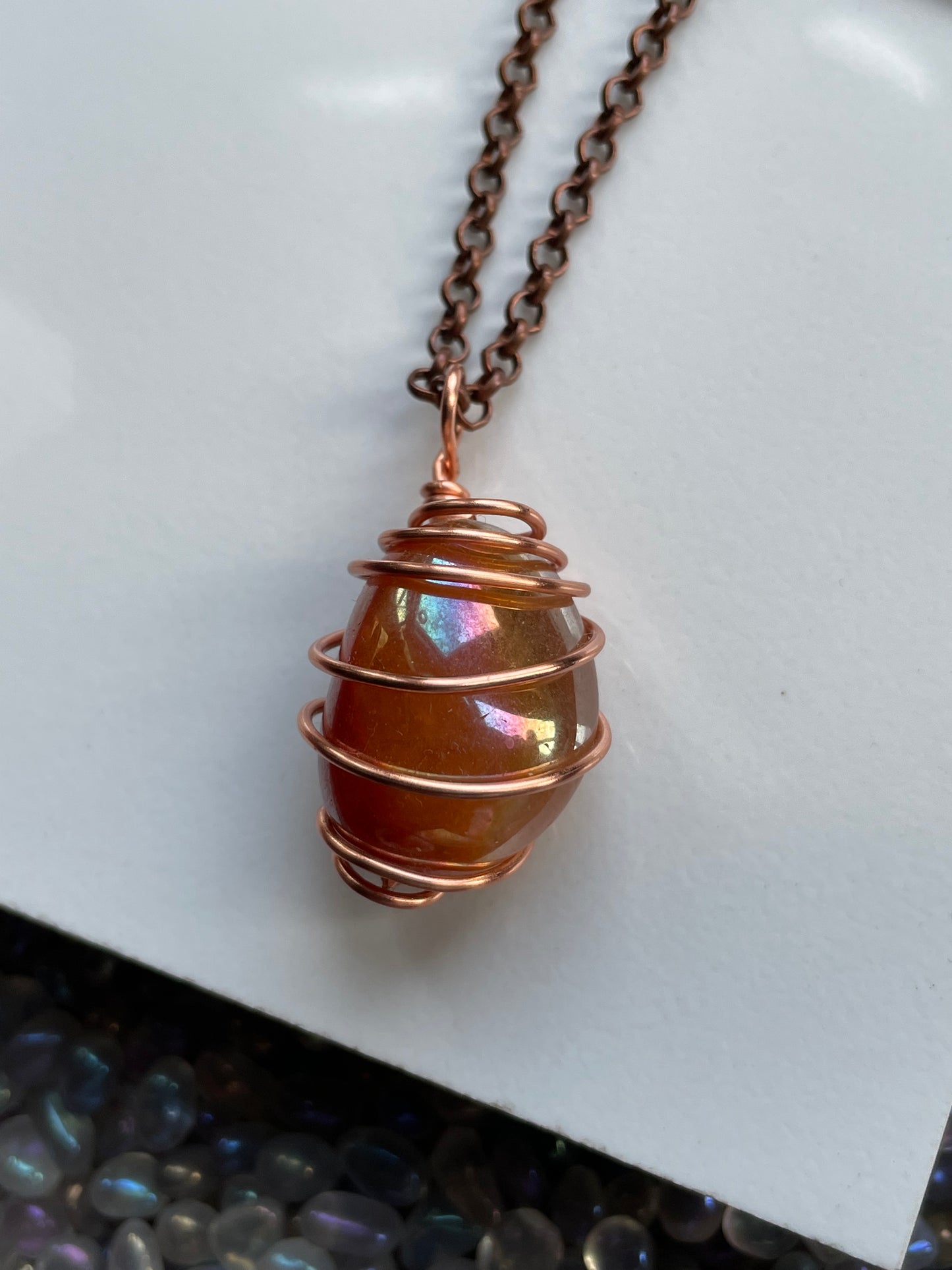 Tangerine Aura Quartz Gemstone Crystal Spiral Copper Wire Necklace