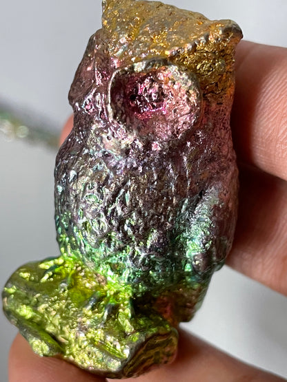 Rainbow Bismuth Crystal Small Owl Metal Art Sculpture