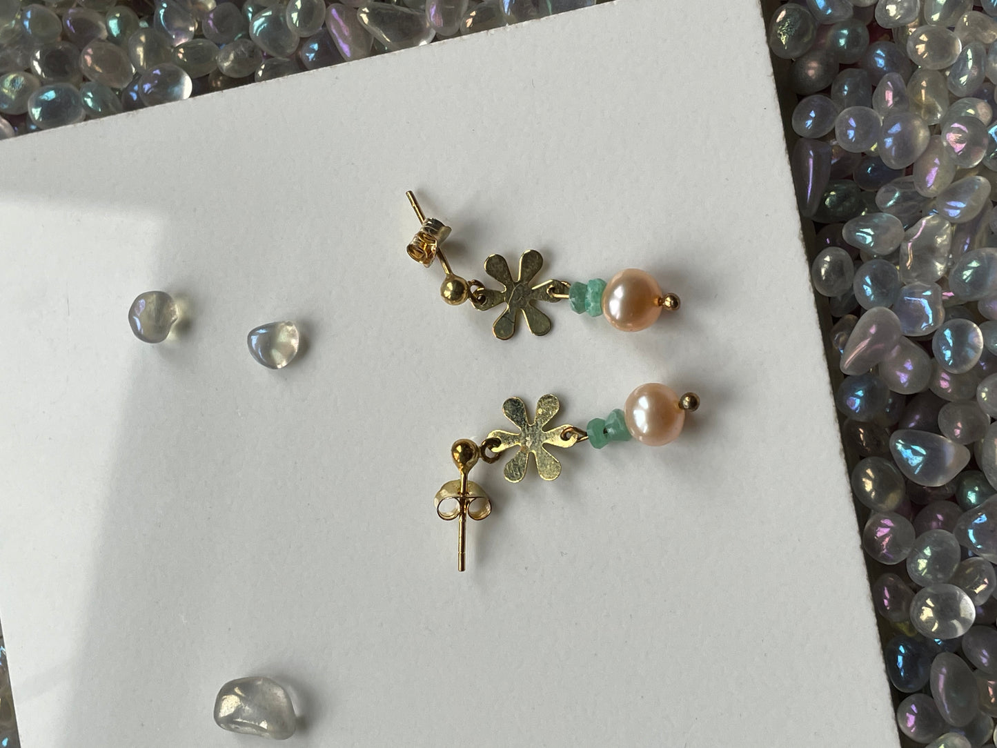 Emerald & Peach Pearl Crystal Gemstone 925 Gold Earrings