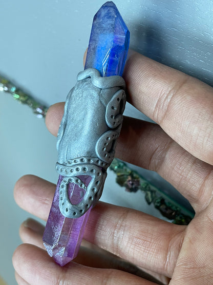 Purple Blue Aura Quartz & Apatite Crystal Gemstone Clay Wand