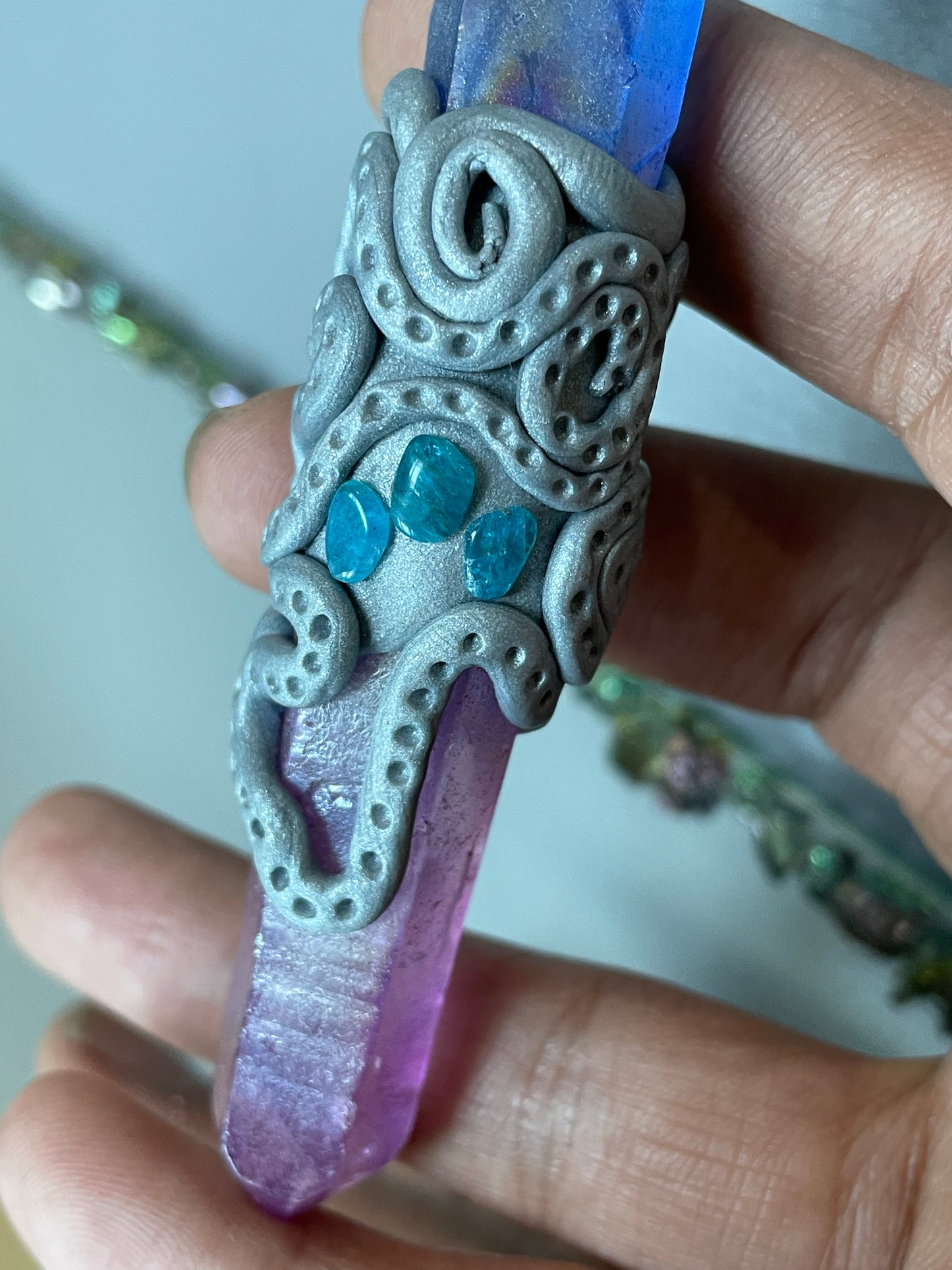 Purple Blue Aura Quartz & Apatite Crystal Gemstone Clay Wand