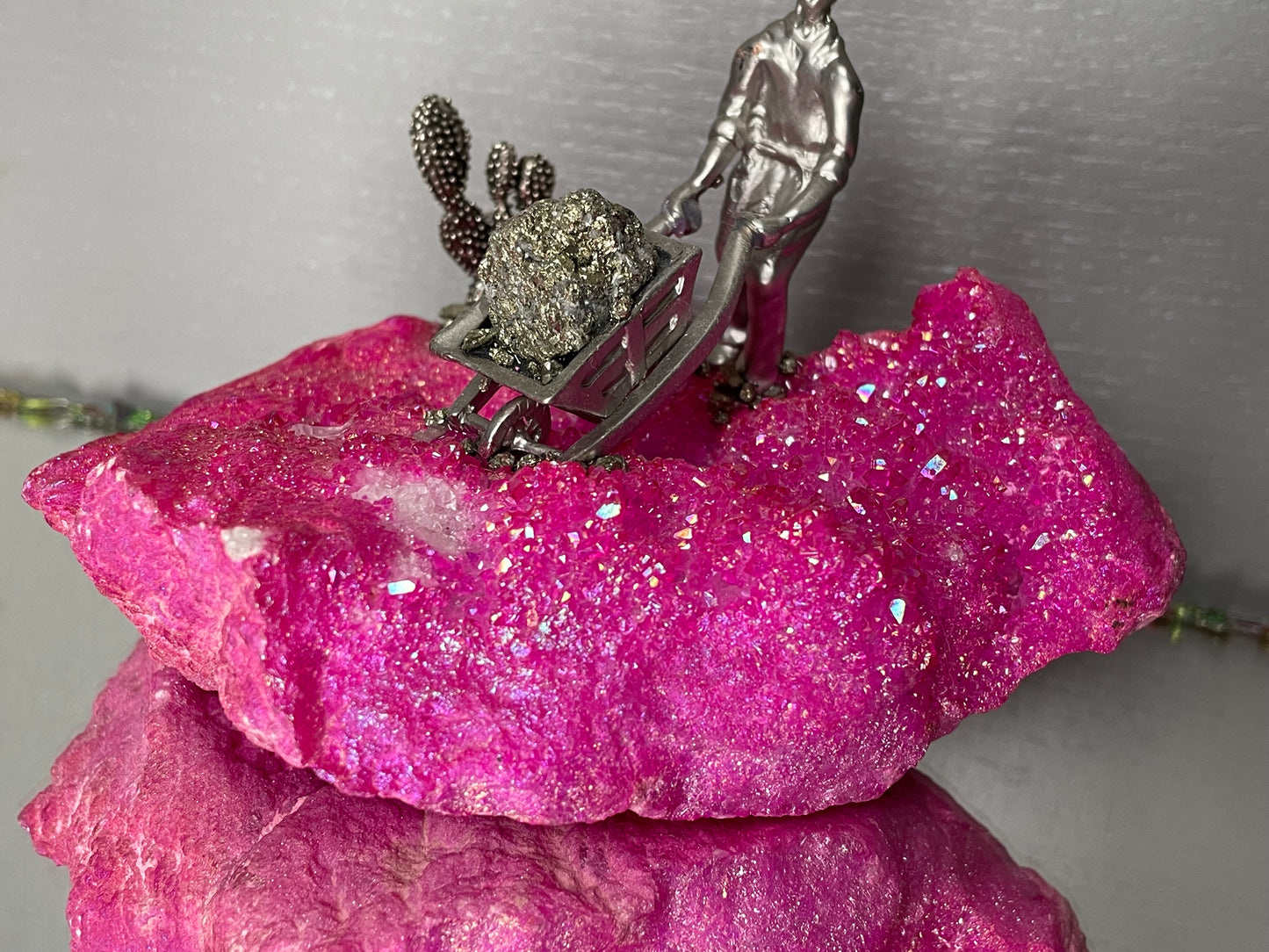 Hot Pink Aura Quartz & Pyrite Crystal Gemstone Miner Cluster - Large
